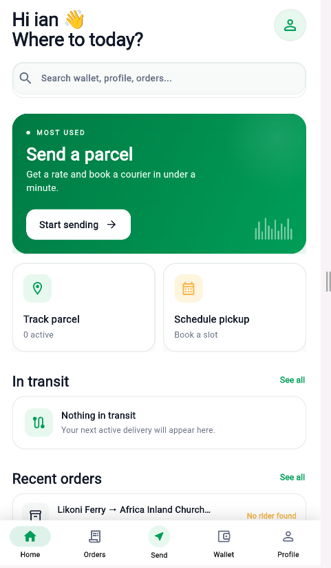 Senda customer home screen