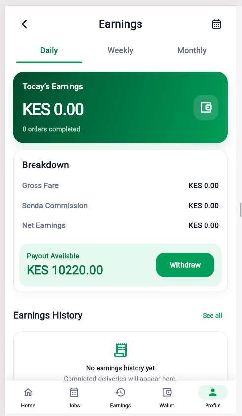 Senda Rider earnings screen showing gross fare commission net earnings and payout balance