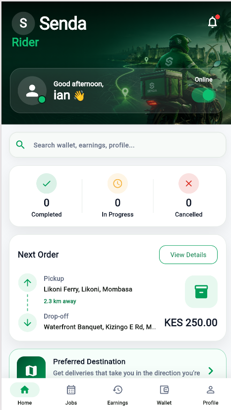 Senda Rider home dashboard