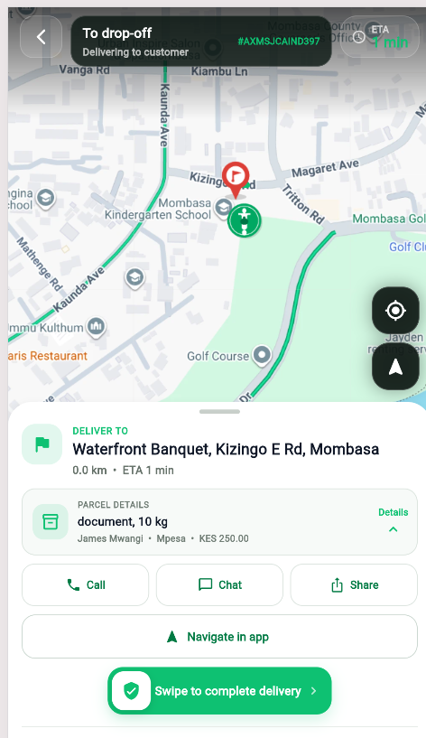 Senda Rider navigation and complete delivery screen