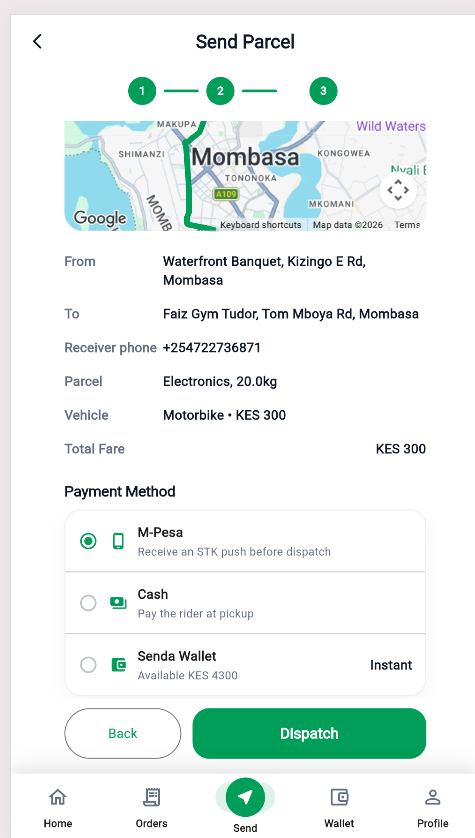 Senda payment method screen